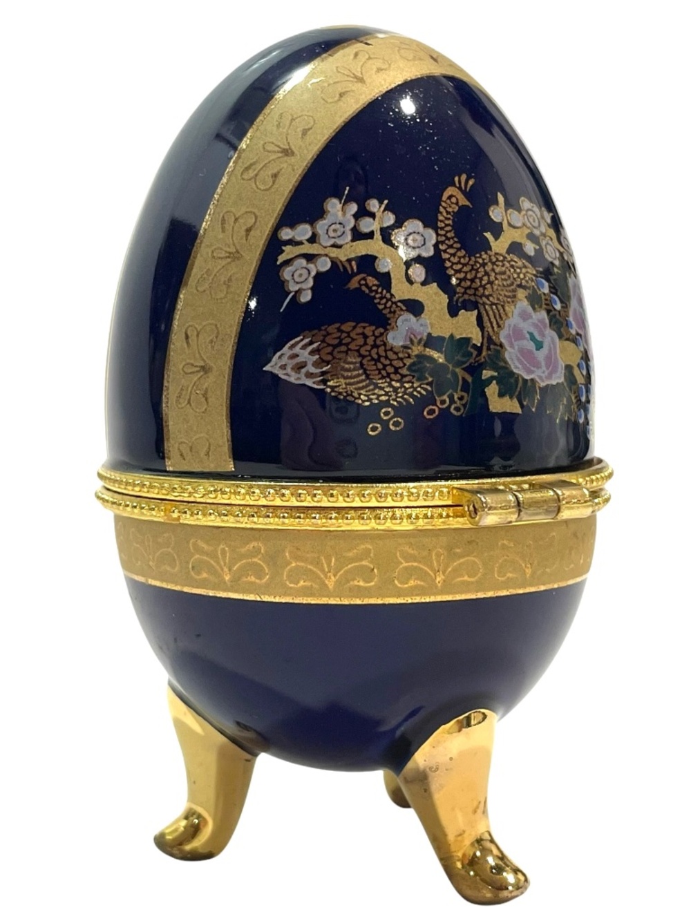 Vintage 1980s Cobalt Blue Porcelain Egg-Shaped Trinket Box - Gilded Pedestal